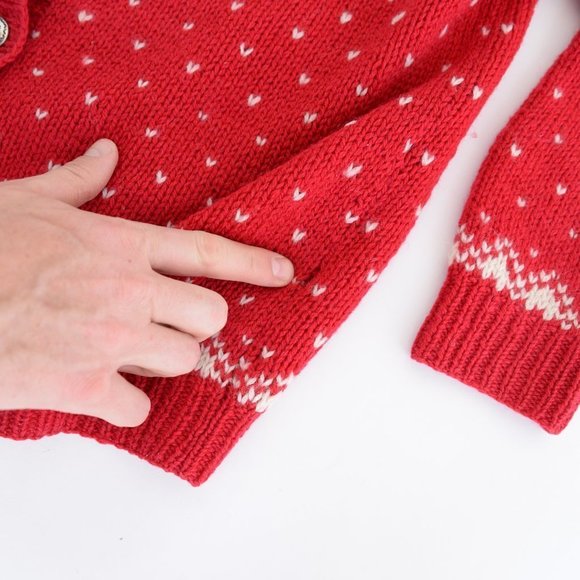 Vintage 80s Eddie Bauer Red with Winter Design 100% Wool Button Up Cardigan Smal - Picture 6 of 15